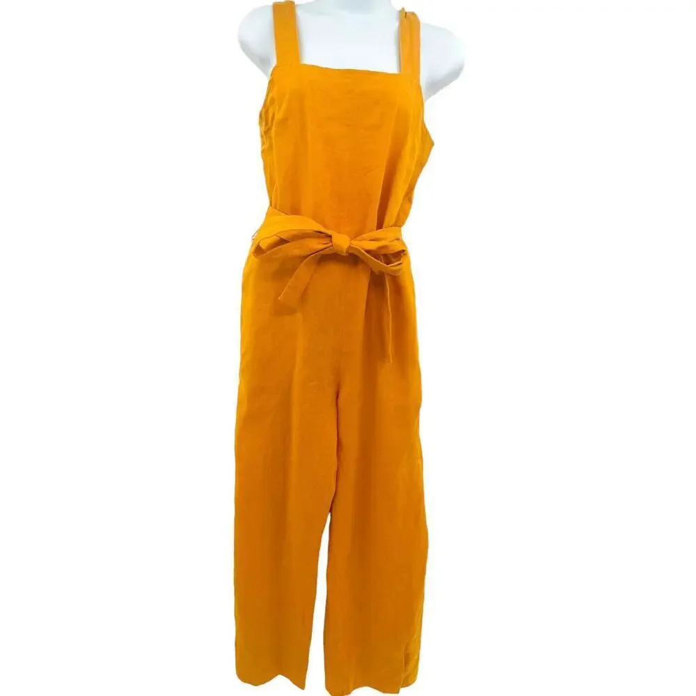EVERLANE Petite Jumpsuit size 2 Marigold Yellow Linen Square Neck Wide Leg